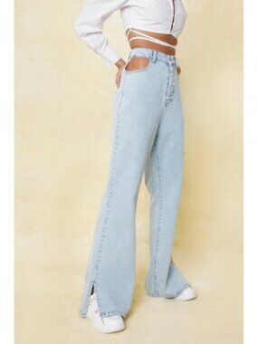 NASTY GAL Women's Size 4 Light Wash Cut Out Split Hem Wide Leg Denim Jeans Baggy